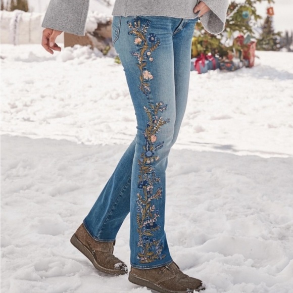 DRIFTWOOD Denim - DRIFTWOOD Blue Embroidered Bootcut Jeans with Floral Accent